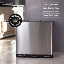 5Five Ariane 54 L Üç Hazneli Pedallı Geri Dönüşüm Çöp Kovası - (3×18 L) Soft Close, Paslanmaz Çelik