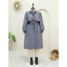 Modamorfo Önü Bağlama Detaylı Düğmeli Cepli Trençkot -Füme