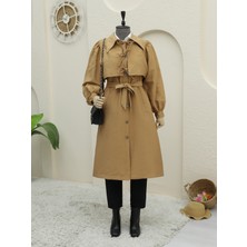 Modamorfo Önü Bağlama Detaylı Düğmeli Cepli Trençkot -Taba