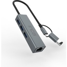 Inca İutp-03Tx Ethernet Usb 3.0+Type-C 3.1 Grişli 000 Mbps 3X3.1Usb Eternet-Çoklayıcı