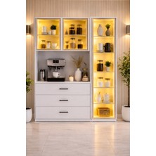 Setay Vitrinli Ünite, Liveo Kahve Köşesi + Çok Amaçlı Raflı Tek Kapaklı Dolap - Beyaz