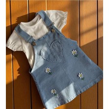 Altıntaş Baby Papatya Nakışlı Kalp Desenli Kot Görünümlü Pamuklu 2li Salopet Set