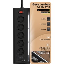 Fulltech FTR-26 Akım Korumalı Priz Siyah 9’lu (5 Priz + 2 USB-A + 2 USB-C) 3680W 16A, 2 Metre Kablolu, Gece Lambalı Çoklu Priz