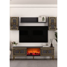 Cantek Dizayn TV0066-0066-TXA150-32 Şömineli Tv Ünitesi Takımı Antrasit-Altın