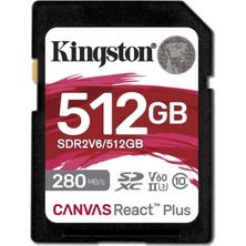 Kingston Sdr2V6-512Gb Canvas React Plus Sdxc Uhs-İi 280R-150W U3 V60 For Full Hd-4K Sd Hafıza Kartı