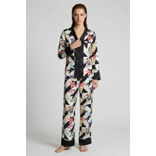 Feu De Elu Mixte Desenli Saten Detaylı Uzun Viskon Pijama Takımı