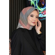 Afvente Geometrik Desen Gri - Somon Soft Pamuk Eşarp - Pudra