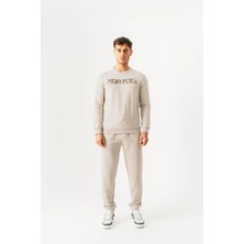 Piero Perla Bisiklet Yaka Jaguar Desen Flok Baskılı Regular Fit Taş Sweatshirt