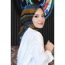 Afvente Çizgili Desen Kahverengi Soft Pamuk Eşarp - Lacivert