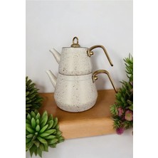 Gökdil Granit Çaydanlık Takımı Gold Kulplu Krem