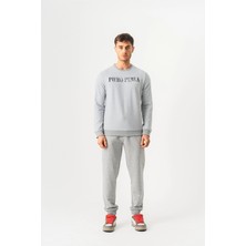 Piero Perla Bisiklet Yaka Jaguar Desen Flok Baskılı Regular Fit Gri Melanj Sweatshirt
