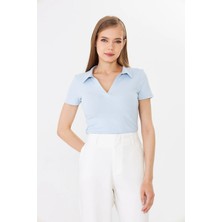 Hdm Kadın Mavi Polo Yaka Fitilli Günlük Bluz - H6038