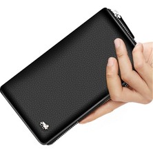 Bison Denim Hakiki Deri Fermuarlı Uzun Cüzdan Erkekler İçin Lüks Kartlık ve Bozuk Para Bölmesi