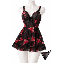 albonse Kadın Fantazi Iç Giyim Takımı Transparan Siyah Babydoll String Set