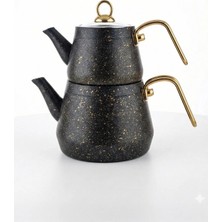 Gökdil Granit Çaydanlık Takımı Gold Kulplu Siyah