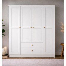 Spring 4 Kapaklı Gardırop - Mat Beyaz - Çekmeceli - Raflı - Boyalı Kapak