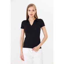 Hdm Kadın Siyah Polo Yaka Fitilli Günlük Bluz - H6038