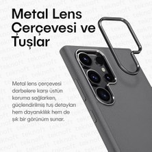 Teknocan Marketing Galaxy S25 Ultra Için Leth Shield Serisi Parmak Izi Tutmayan Deri Görünümlü Metal Tuşlu ve Metal Lens Çerçeveli Silikon Kılıf (Gri, Galaxy S25 Ultra)