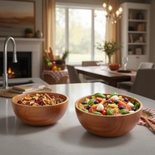 Teknocan Marketing Akasya Ağacı Yuvarlak Ahşap Kase | Doğal Salata, Çorba ve Kahvaltılık Servis Kasesi | Orta Boy (14X6 Cm)