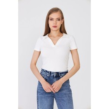 Hdm Kadın Ekru Polo Yaka Fitilli Günlük Bluz - H6038