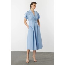 Accort Kruvaze Yaka Uzun Elbise-Mavi
