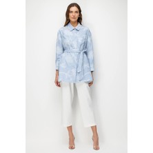 Accort Kuşak Detay Nakışlı Tunik Gömlek-Mavi