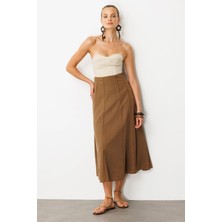 Accort Keten Görünümlü Uzun Kloş Etek-Kahve