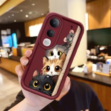 HONTINGA Vivo V50 Lite ile Uyumlu Kılıfı Düşüme Önleyici Basitlik Anti Düşme Kamera Korumali Kedi Bordo Desen Yumuşak Silikon Telefon Kılıfı Kadın ve Erkek Için Uygundur K2-7154