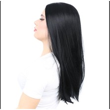 Handmade Siyah Fiber Sentetik Düz Uzun Peruk