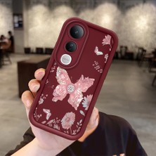 HONTINGA Vivo V50 Lite ile Uyumlu Kılıfı Düşüme Önleyici Basitlik Anti Düşme Kamera Korumali Kelebek Bordo Desen Yumuşak Silikon Telefon Kılıfı Kadın ve Erkek Için Uygundur K2-7049