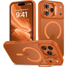 Teknocan Marketing Için Kılıf Kamera Korumalı Şarj Özellikli Mat Şeffaf Renkli Standlı Kılıf (Lens Hediyeli) (Turuncu, 17 Pro Max)