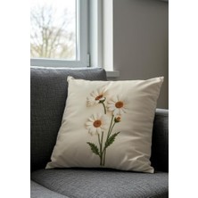 Teknocan Marketing Nakış Desen Dijital Baskılı Dekoratif Papatya Desenli Kadife Kırlent Kılıfı, 2'li Set, Krem Zemin, Dijital Baskılı