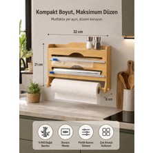 Nokka 4 Fonksiyonlu Bambu Mutfak Düzenleyici | Streç & Folyo Kesici, Kağıt Havluluk, Baharat Rafı – Duvara Monte