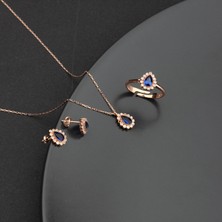 Miavi Silver Miavi 925 Ayar Gümüş Safir Taşlı Kolye Küpe Yüzük Takı Seti Rose Kaplama El İşçiliği