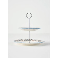 Bella Maison Vintage 2 Katlı Mavi Porselen Nakış Desenli Kurabiyelik 25x25 cm – Şık Sunum İçin 1 Adet
