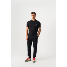 Piero Perla Polo Yaka Slim Fit Ön Jaguar Nakış Erkek Siyah T-Shirt