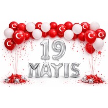 Tedaks 19 Mayıs Gençlik ve Spor Bayramı Temalı Gümüş Folyo Rakam ve Harf Kırmızı Beyaz Ay Yıldız Balonlar