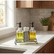 Teknocan Marketing 2'li Standlı Kare Cam Sabunluk Seti | 2 x 500 ml | Ferforje Metal Standlı (Siyah) | Sünger/fırça Bölmeli Mutfak ve Banyo Düzenleyici