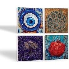 Teknocan Marketing Nazar, Yaşam Çiçeği, Hayat Ağacı, Nar Taş Bardak Altlığı Seti - 4 Parça - Dekoratif, Rustik Mutfak Aksesuarı, 10X10 Cm, Kaydırmaz Tabanlı, Şık ve Dayanıklı SC464