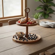 Teknocan Marketing Doğal Akasya Ağacından Ahşap 2 Katlı Kurabiyelik ve Servis Tabağı | Sunum Standı | Çap: 18 Cm, Yükseklik: 25 cm | Doğal ve Şık