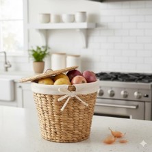 Teknocan Marketing Su Sümbülü Patates Soğan Kovası | Doğal Hasır Saklama Sepeti | El Yapımı Yuvarlak Şekilli Mutfak Düzenleyici | Dekoratif Sebze Kovası (25X25X25CM)