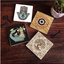 Teknocan Marketing Nazar, Şahmeran, Hayat Ağacı, Fatma Ana Eli  Taş Bardak Altlığı Seti - 4 Parça - Dekoratif, Rustik Mutfak Aksesuarı, 10X10 Cm, Kaydırmaz Tabanlı, Şık ve Dayanıklı SC505