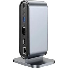 Teknocan Marketing 12 In 1 Portlu USB Çoklayıcı Istasyonu, VGA ve HDMI 4K Destekli, Dikey Stand, Gri