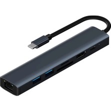 Al-Fil Teknoloji Ally BYL-2303 7 In 1 Type-C To USB + Type-C + Ethernet + Kart Okuyucu + HDMI Dönüştürücü Çoğaltıcı H-(5775)