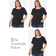 Arma Yıldız Kadın Büyük Beden Pamuklu Basic Kısa Kollu Bisiklet Yaka Tişört Siyah 3'lü Paket