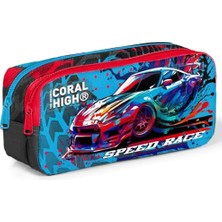 Gri Mavi Yarış Arabası Iki Bölmeli Kalem Çantası - Erkek Çocuk
