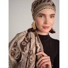 AYSHARA Sırlı Motifler Etnik Desenli Tek Taraflı Şal - Kahve Krem