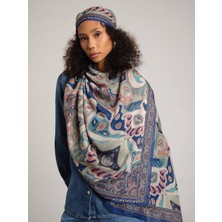 AYSHARA Mint Mavi Etnik Desenli Tek Taraflı Şal %100 PES Hafif ve Yumuşak Doku ile