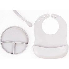 MiraLive Gri 3’lü Silikon Yemek Seti – Önlük + Diş Kaşıyıcılı Kaşık + Vakumlu Tabak