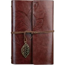 Retro Vintage Yaprak Baskılı Kolye Uçlu Deri Kapaklı Günlük Not Defteri Özel Tasarım Hediyelik Kahverengi